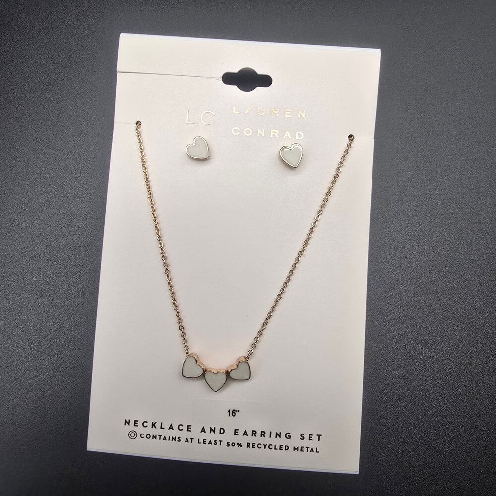 Lauren Conrad Dainty Heart Necklace Earrings Set NWT On Card